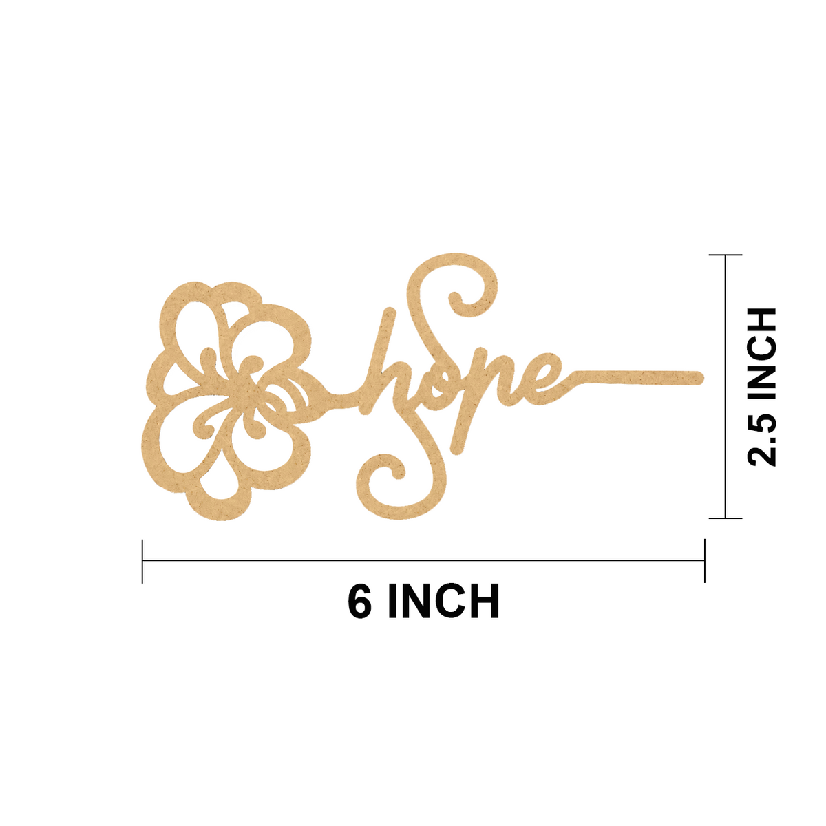 Decorative MDF DIY Bookmark with 'hope' and floral design, shown with dimensions on a white background.