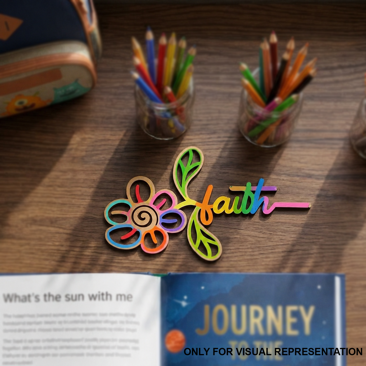 Colorful 'faith' MDF DIY Bookmark with flower design on a wooden surface with pencils and books.