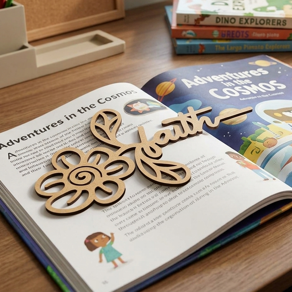 MDF DIY bookmark with decorative design on an open book titled 'Adventures in the Cosmos'.
