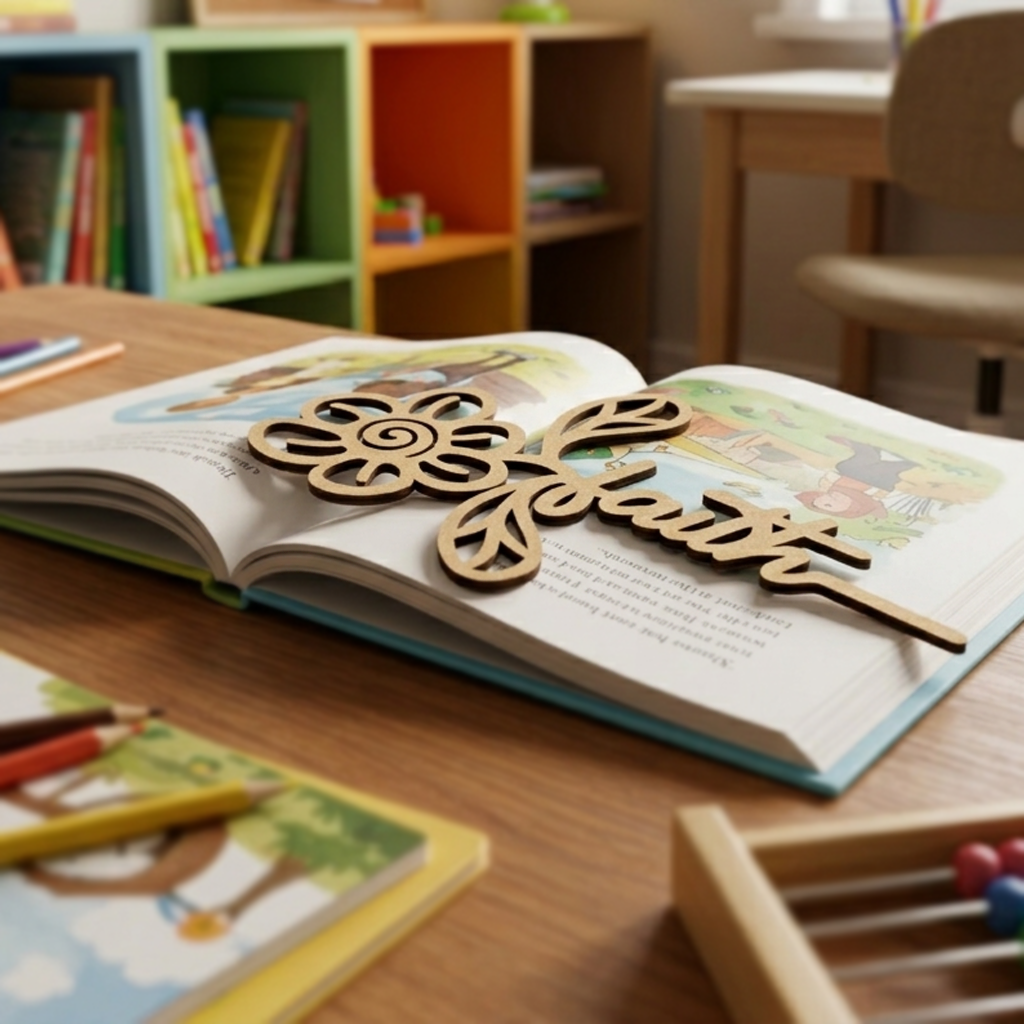 MDF DIY  bookmark with 'Believe' on an open book in a classroom setting