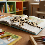 MDF DIY  bookmark with 'Believe' on an open book in a classroom setting