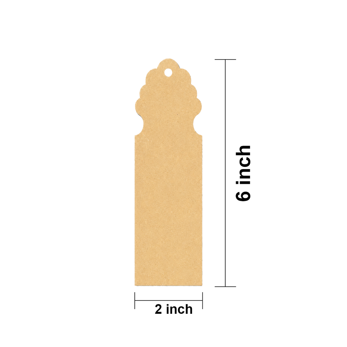MDF DIY Bookmark tag with dimensions on a white background
