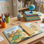 Children's desk with open book and MDF DIY bookmark featuring dinosaurs, colorful pencils, and books in the background.