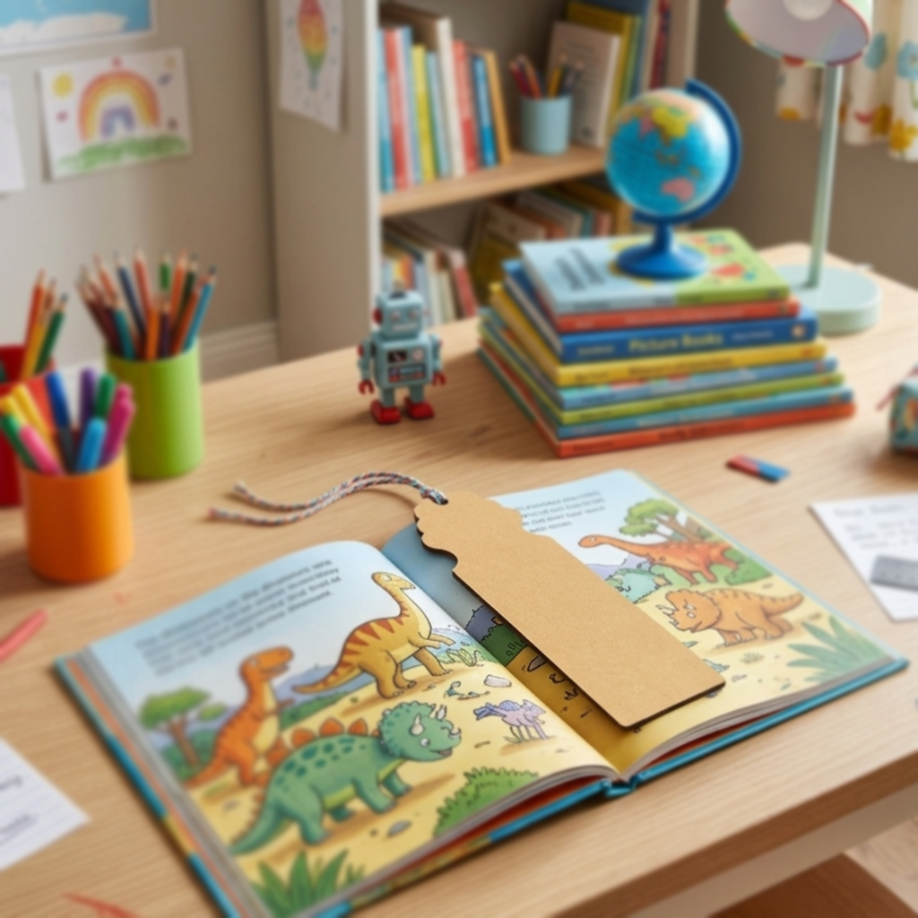 Children's desk with open book and MDF DIY bookmark featuring dinosaurs, colorful pencils, and books in the background.