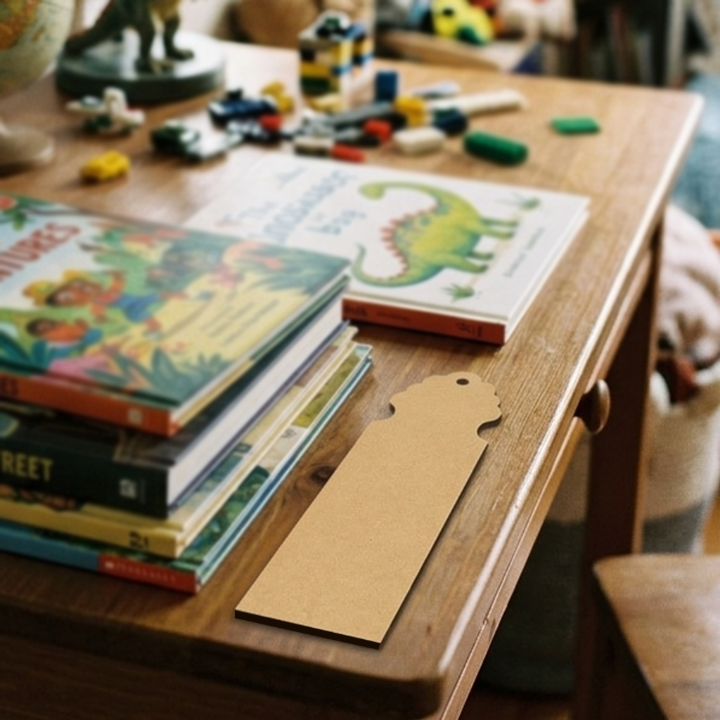 Stack of children's books on a wooden table with MDF DIY  Bookmark and scattered toys in the background.