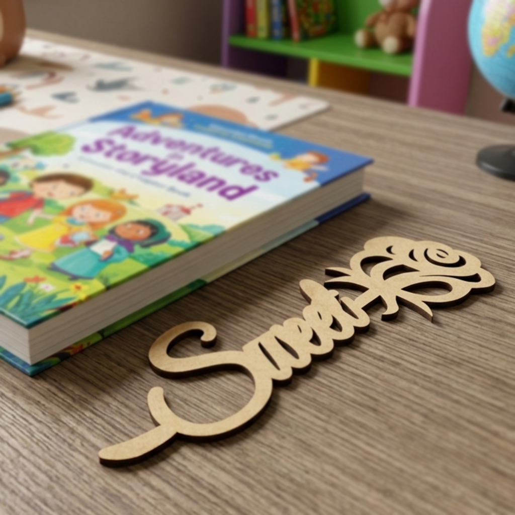 MDF DIY Bookmark with 'Sweet' on a table next to a children's book
