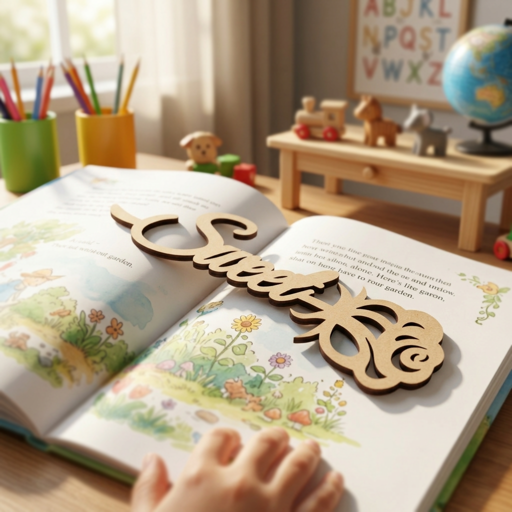 MDF DIY  bookmark with 'Sweet' on an open book in a child's room with toys and a globe.