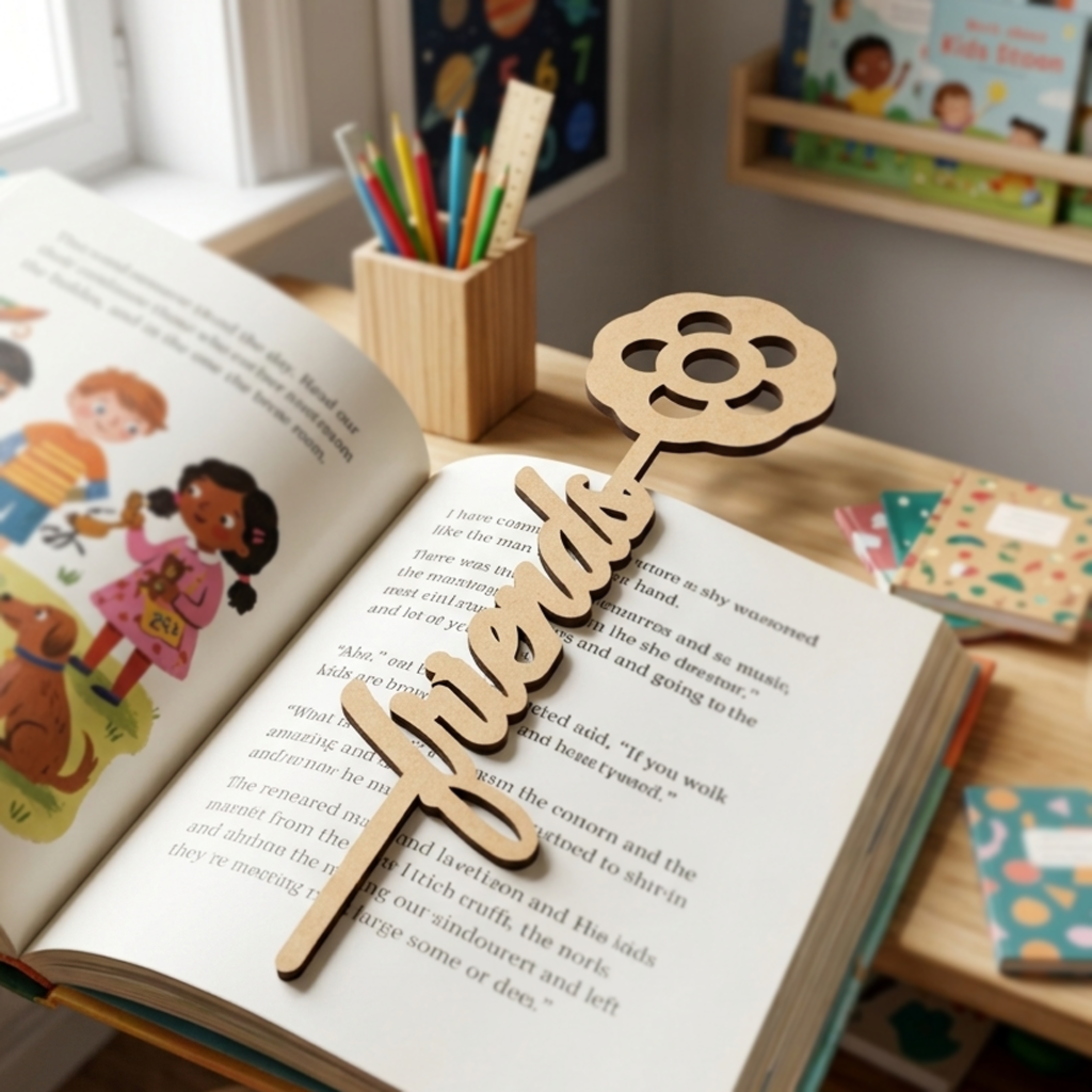 MDF DIY  bookmark with 'friends' on an open book in a classroom setting