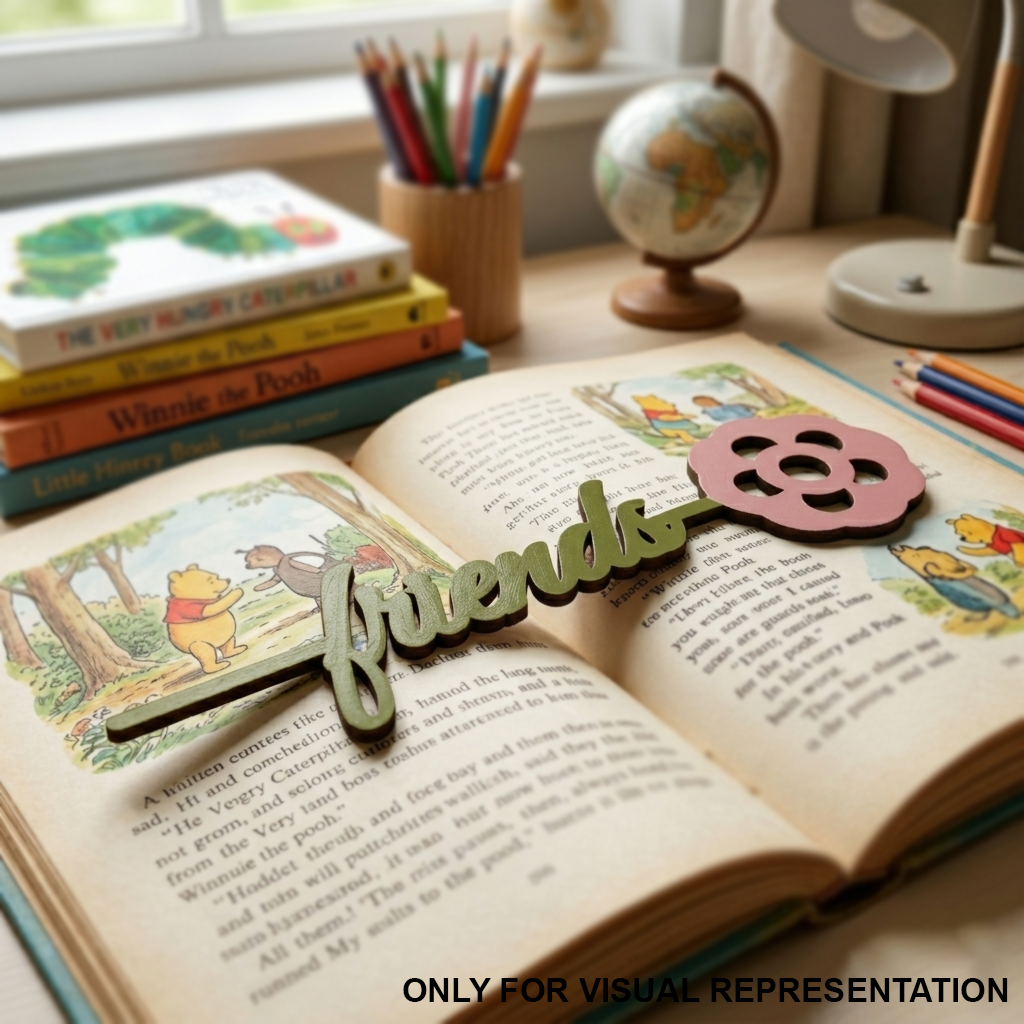 Open book with a decorative MDF DIY 'friends' charm on a desk with stationery items.