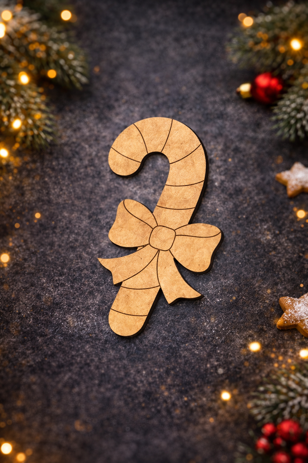 Unpainted DIY MDF candy cane wall decor with engraved stripe and bow details, displayed with black decor back ground .