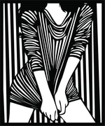 Black and white line art of a girl standing with striped pattern