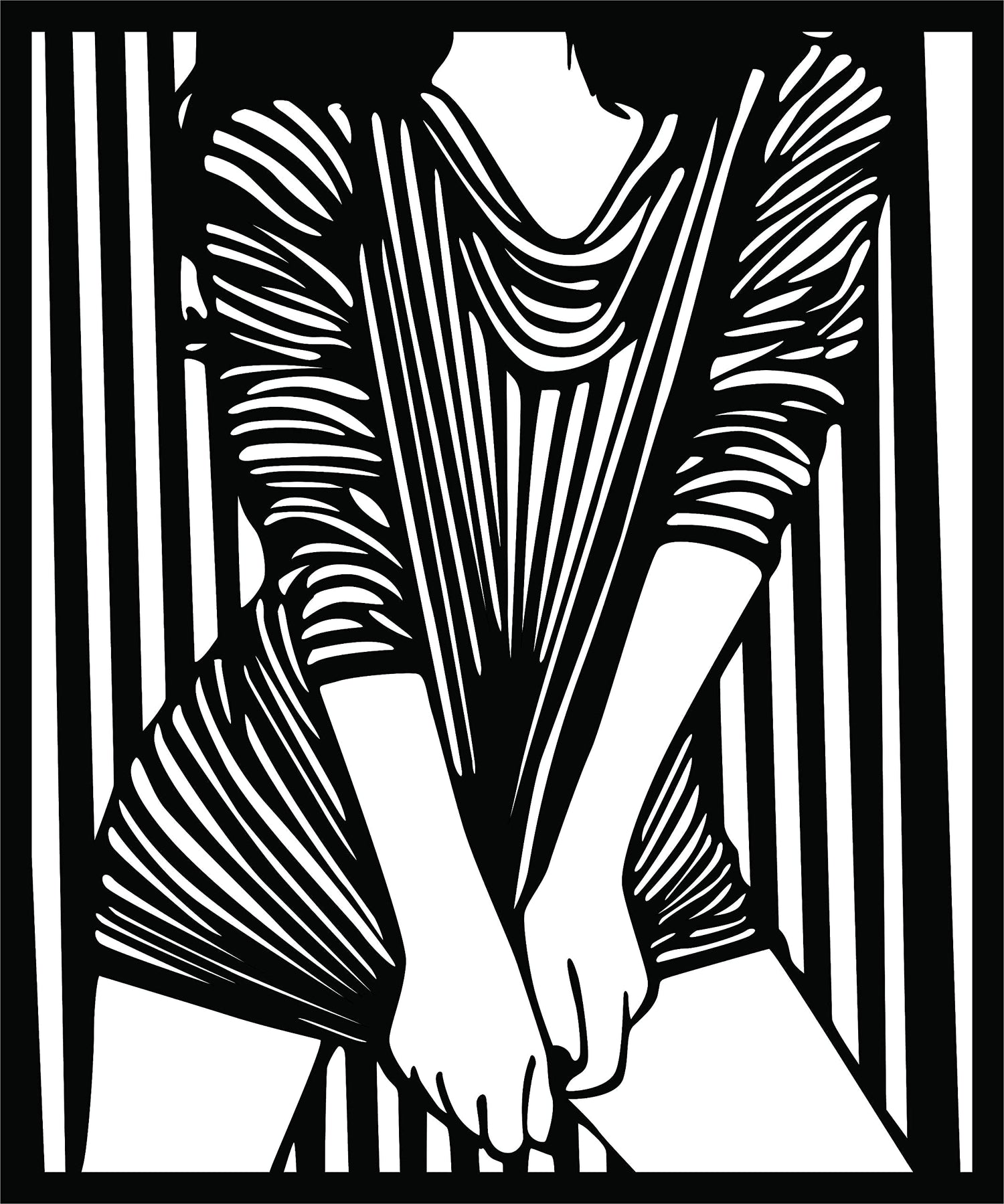 Black and white line art of a girl standing with striped pattern