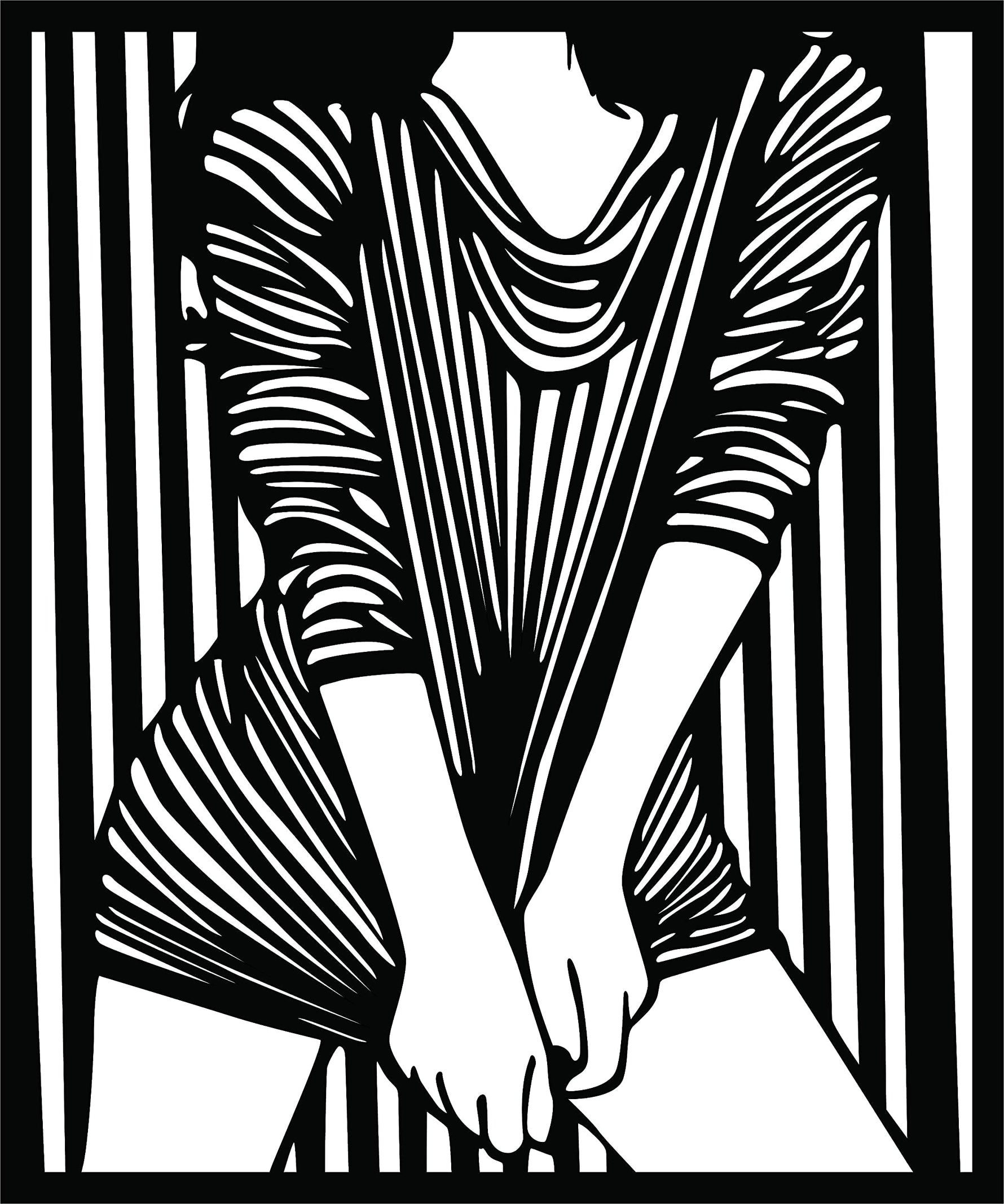 Black and white line art of a girl standing with striped pattern