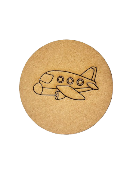 Unpainted DIY MDF aeroplane cutout on round base for kids craft