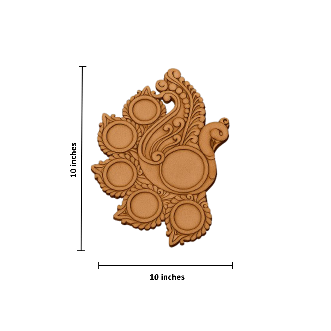 Decorative mdf peacock tealight holder with measurements on a white background