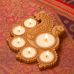 MDF candle holder with lit candles on a patterned fabric background