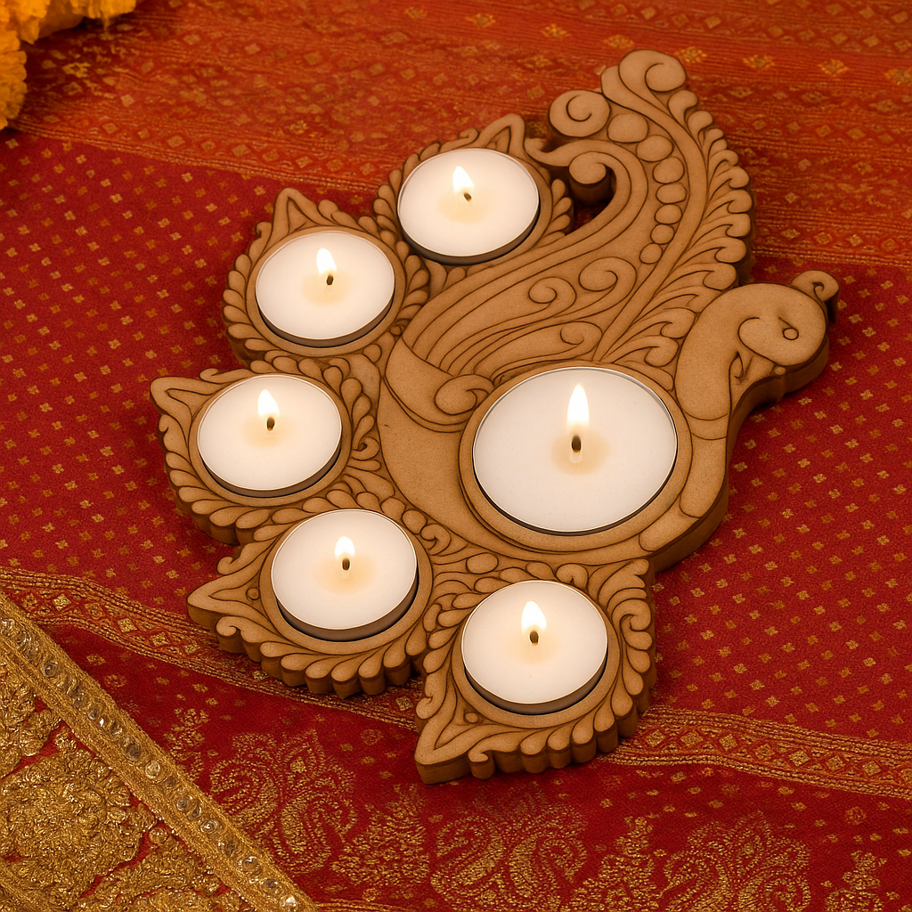 Decorative mdf candle holder with lit candles on a red fabric background