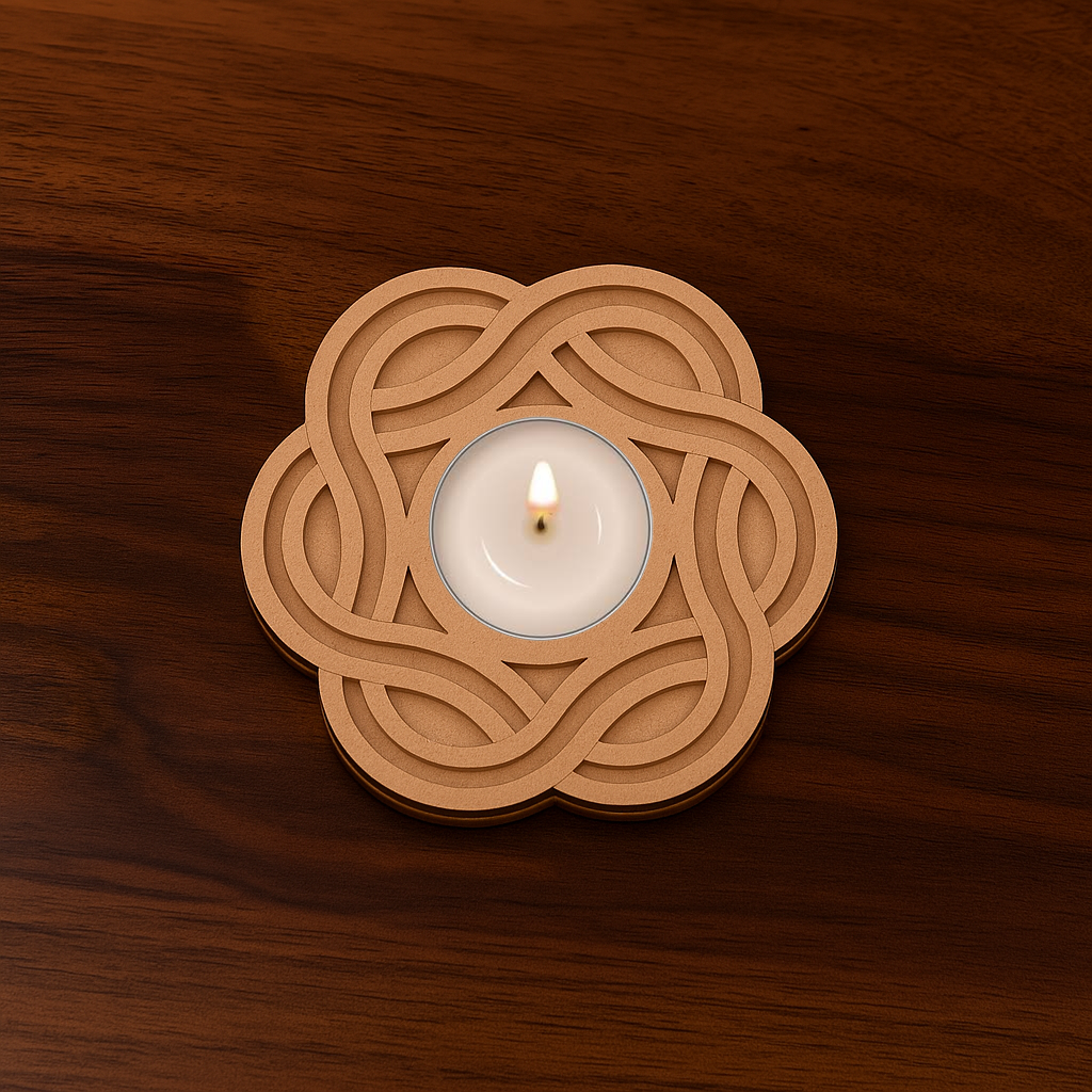 Geometric MDF tea light holder with a single lit candle in the center, showcasing elegant design for Diwali, pooja, or home ambiance.

