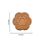 Mdf tealight candle holder with Celtic knot design and measurements on a white background