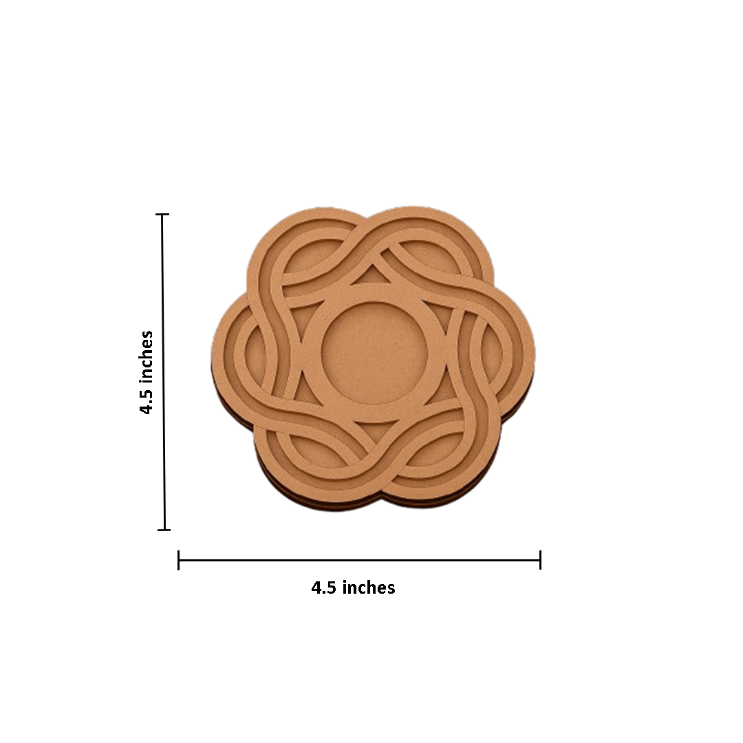 Mdf tealight candle holder with Celtic knot design and measurements on a white background