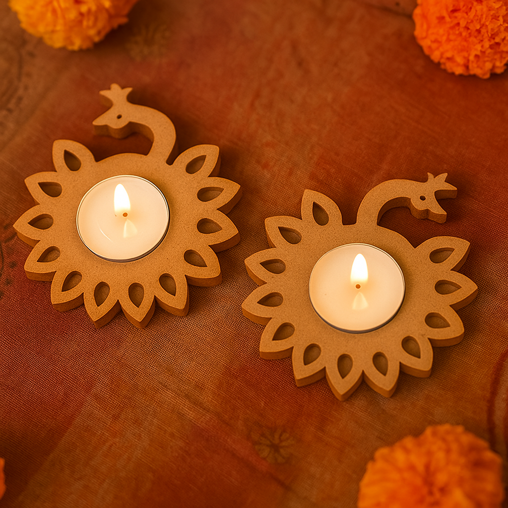 Two mdf candle holders with lit candles on an orange background