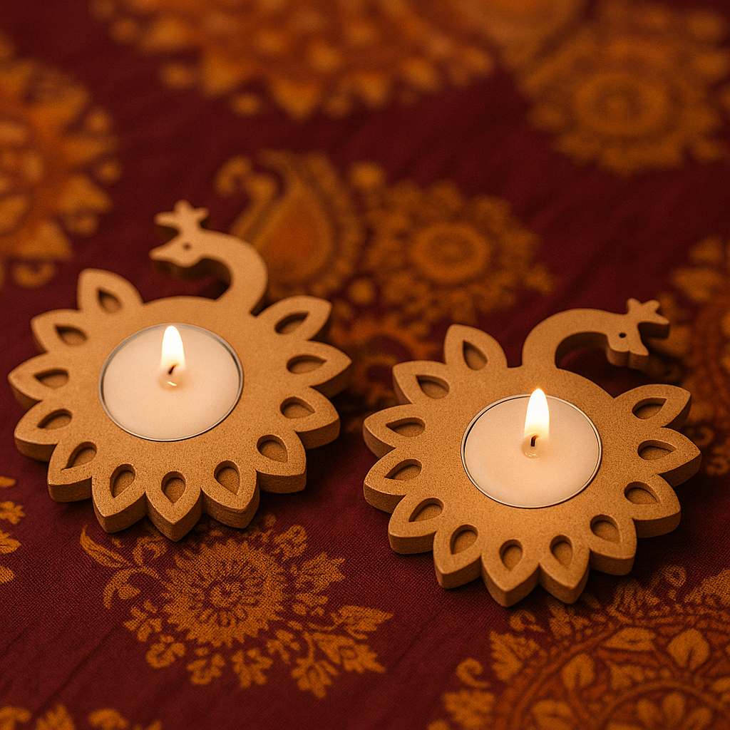 Two lit candles in decorative mdf holders on a patterned fabric background