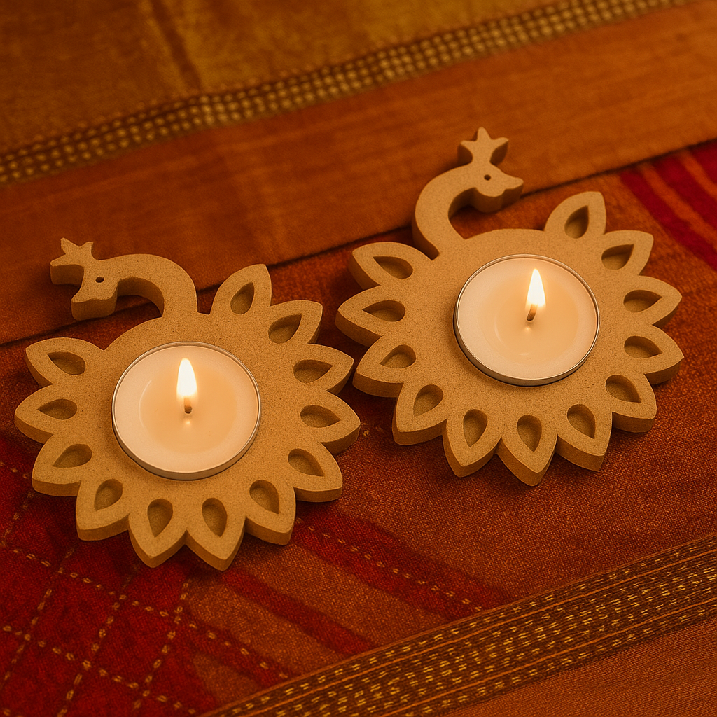 Two lit candles in decorative mdf holders on a textured surface