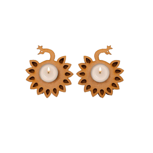 Two mdf candle holders with cut-out designs on a white background