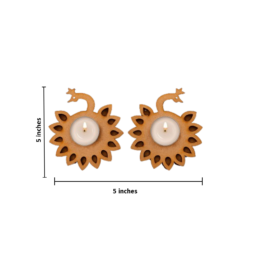 Two mdf candle holders with measurements on a white background
