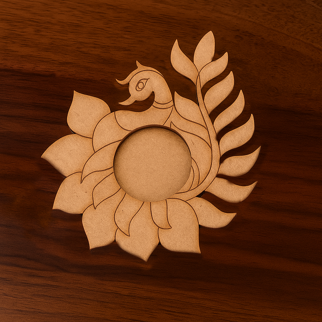 Laser-cut MDF T-light holder featuring an elegant peacock and lotus design, perfect for Diwali or pooja room decor, placed on wooden background