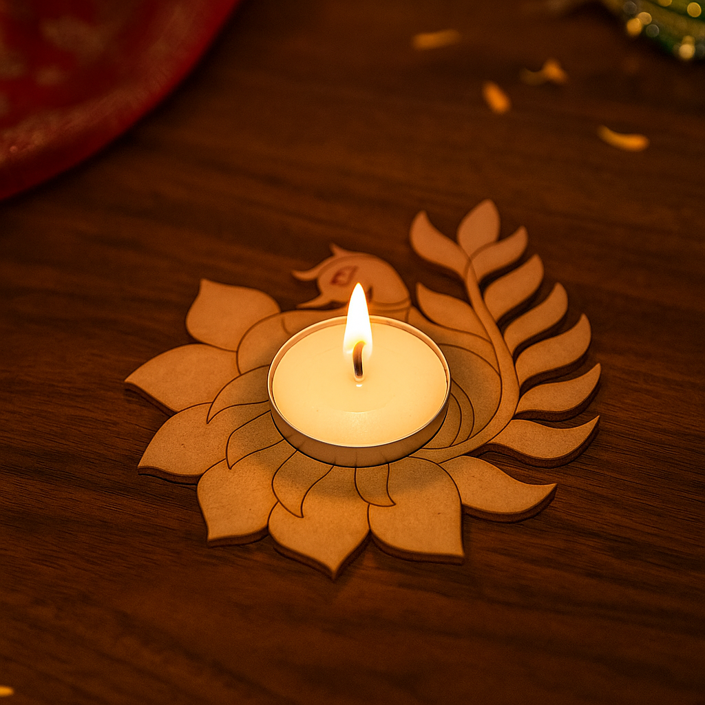 Candle in a decorative mdf holder shaped like a lotus on a wooden surface
