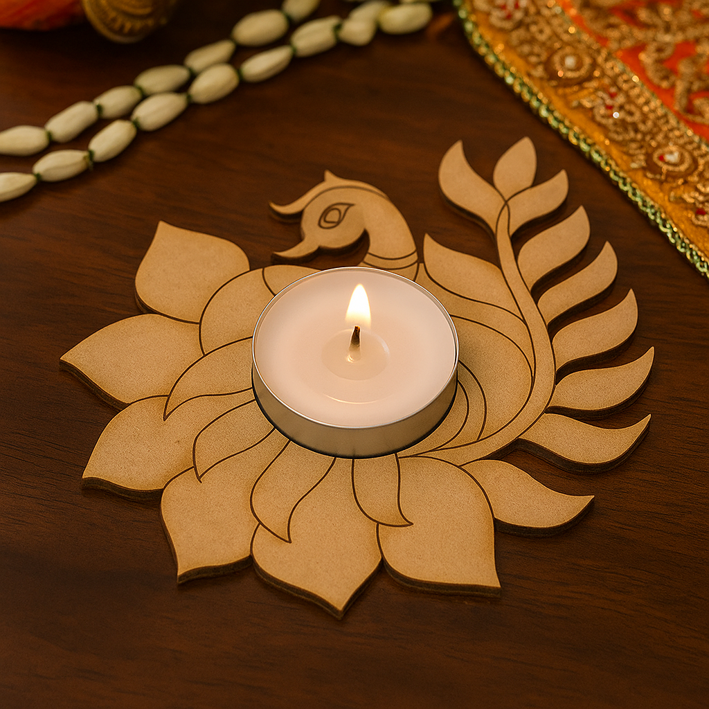 Decorative mdf candle holder shaped like a peacock on a wooden surface