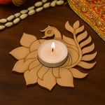 Decorative mdf candle holder shaped like a peacock on a wooden surface
