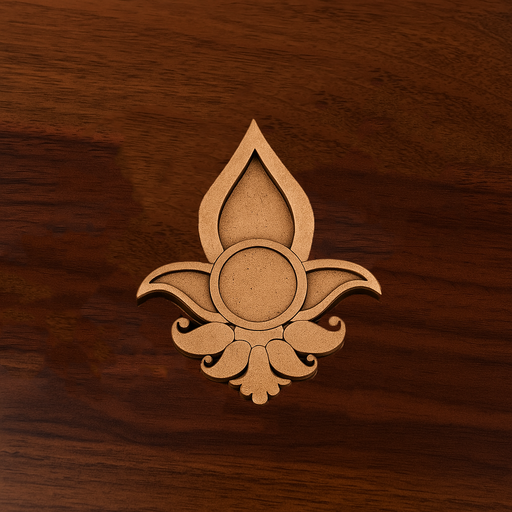 Laser-cut MDF tea light holder in an elegant flame-inspired floral design, ideal for pooja decor or festival crafting, placed on a wooden surface
