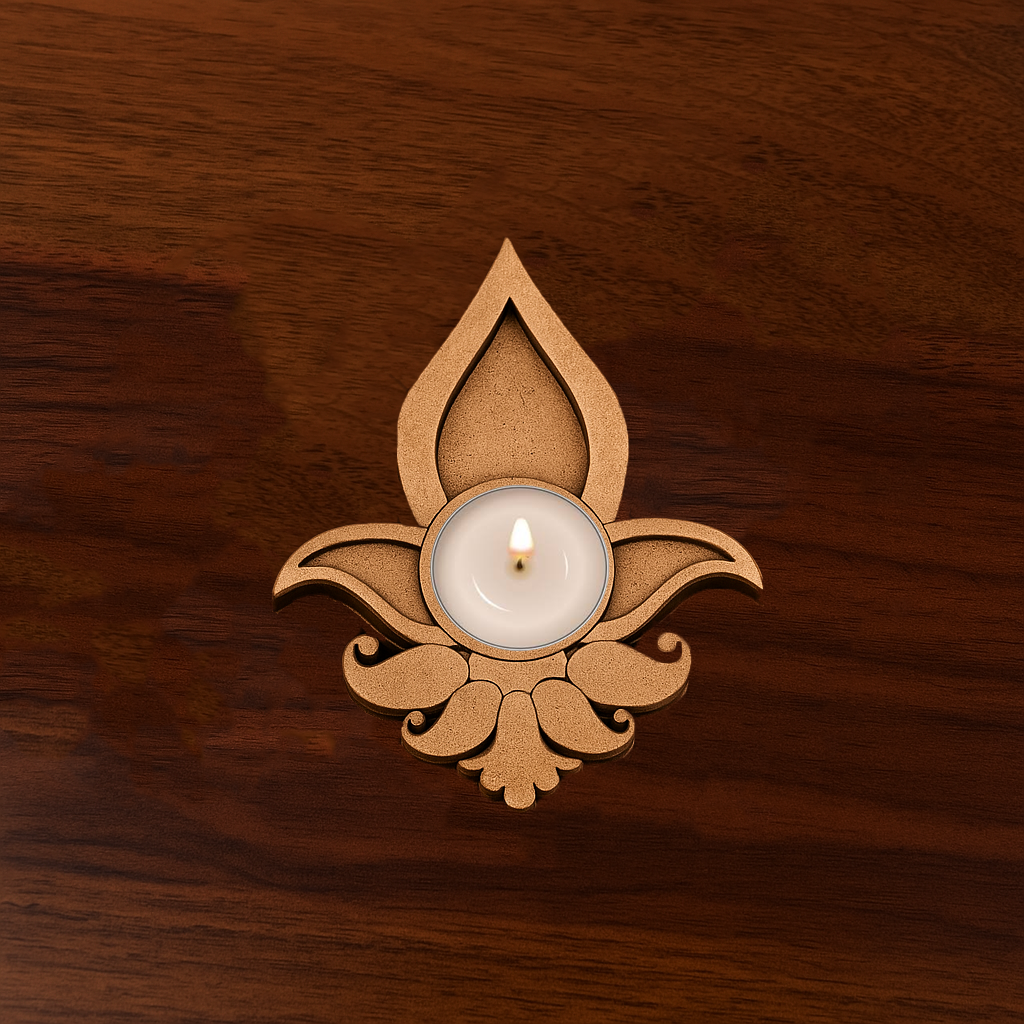 Decorative MDF tea light holder with a lit white candle, designed in a flame-shaped floral motif, perfect for Diwali, pooja room, or festive home decor