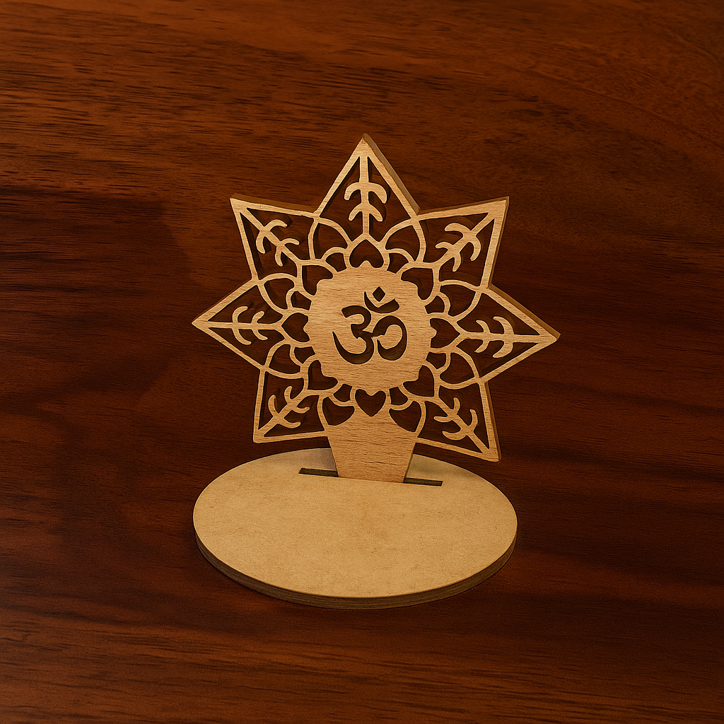 Decorative wooden Om tabletop piece with intricate lotus and leaf cutwork, placed on a wooden background, perfect for spiritual gifting