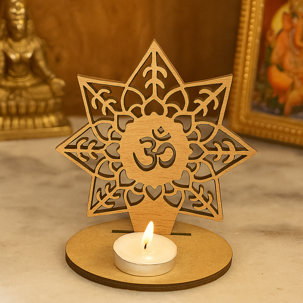 mdf decorative candle holder with star design and 'Om' symbol, featuring a lit candle on a wooden base.