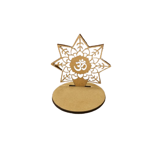 Decorative mdf candle holder with star design and Om symbol on a white background