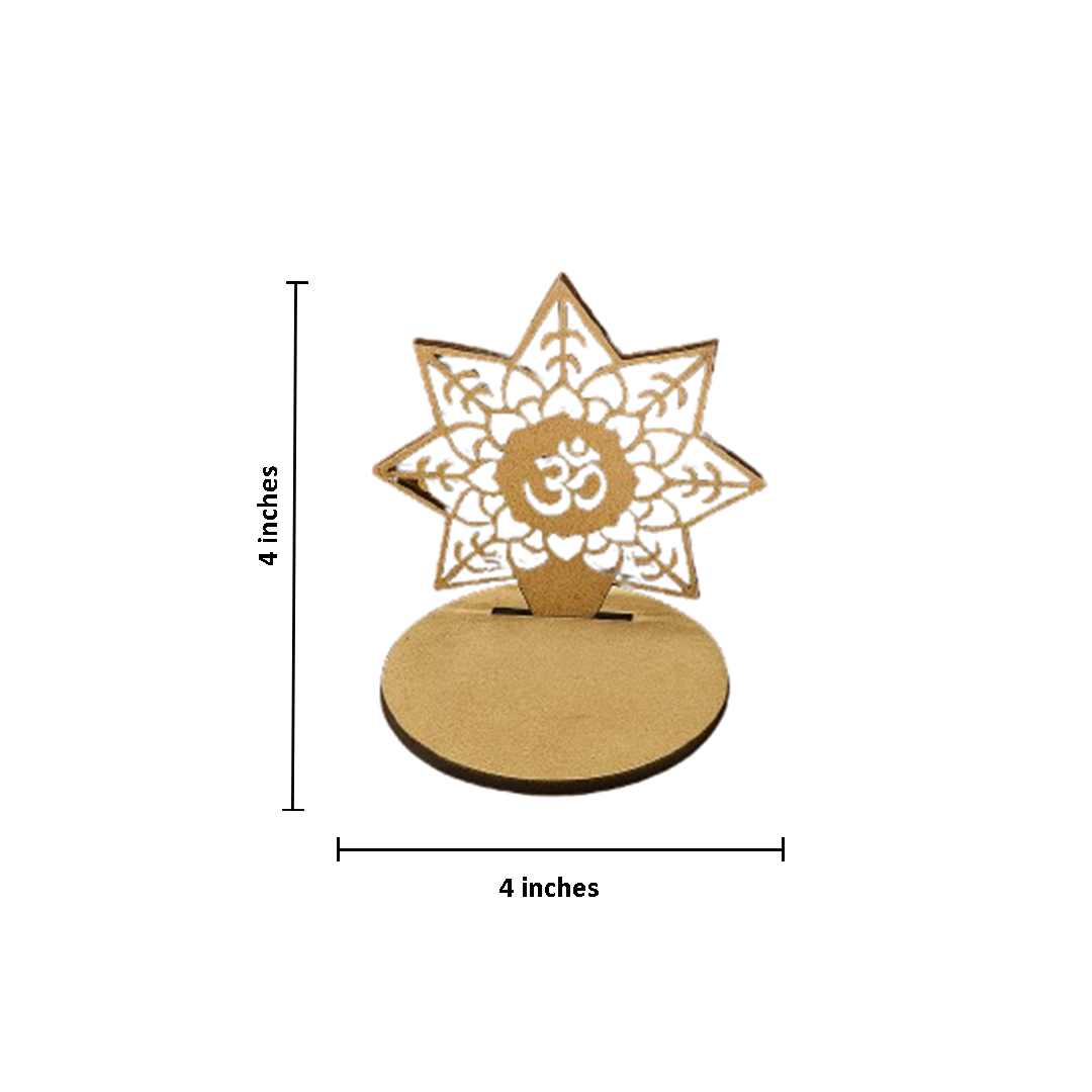 MDf decorative candle holder with a star design and 'Om' symbol, shown with dimensions on a white background.