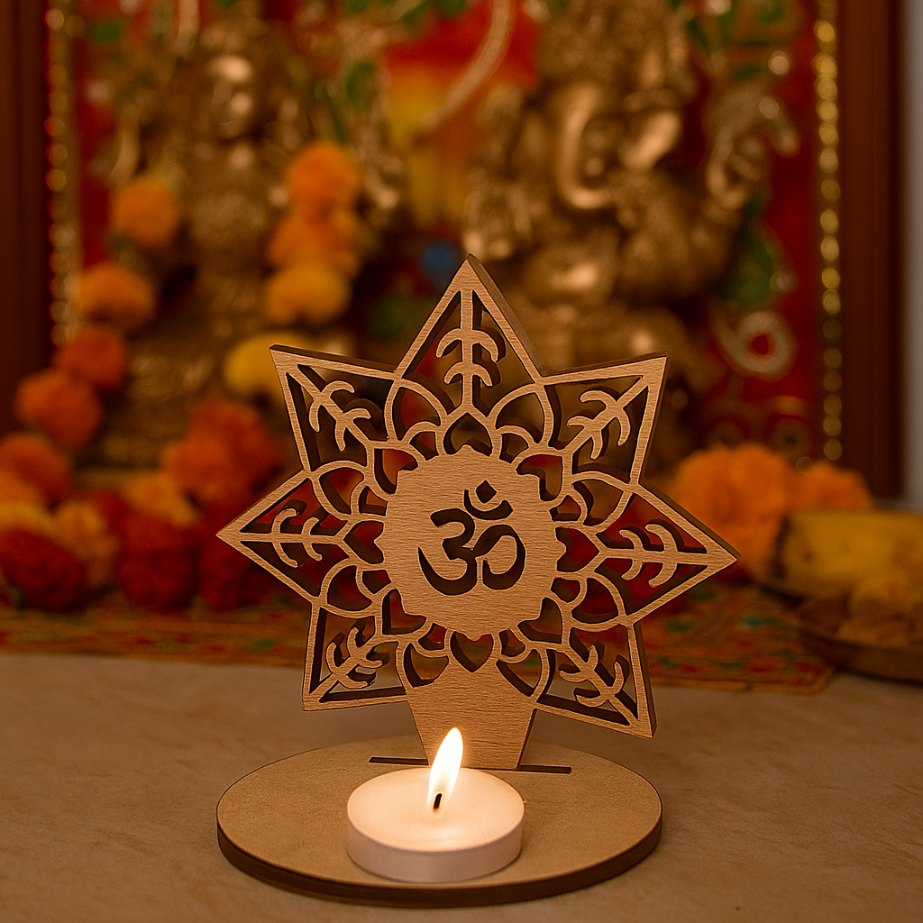 mdf decorative candle holder with a candle and Om symbol in front of a blurred religious statue.