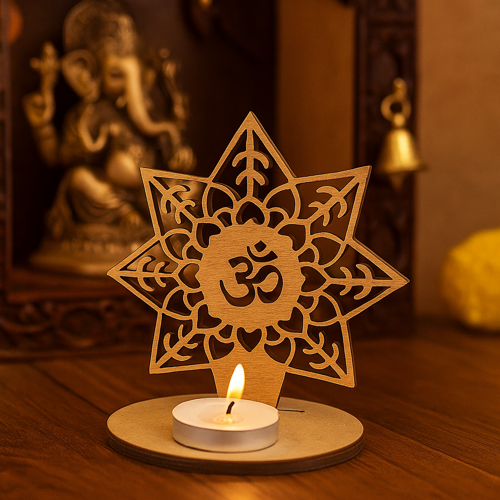 mdf star-shaped candle holder with 'Om' symbol on a wooden base, lit candle inside, in a warm setting.