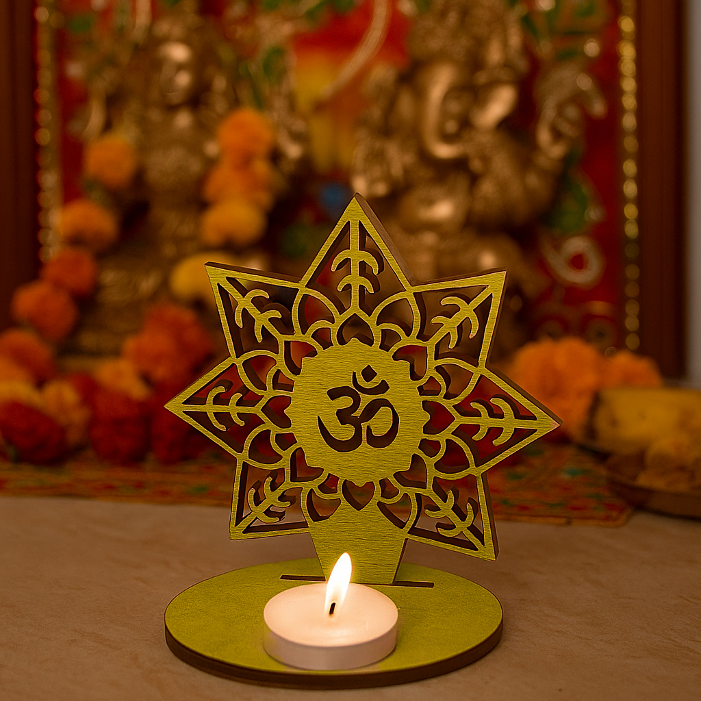 Decorative  mdf candle holder with Om symbol on a blurred festive background
