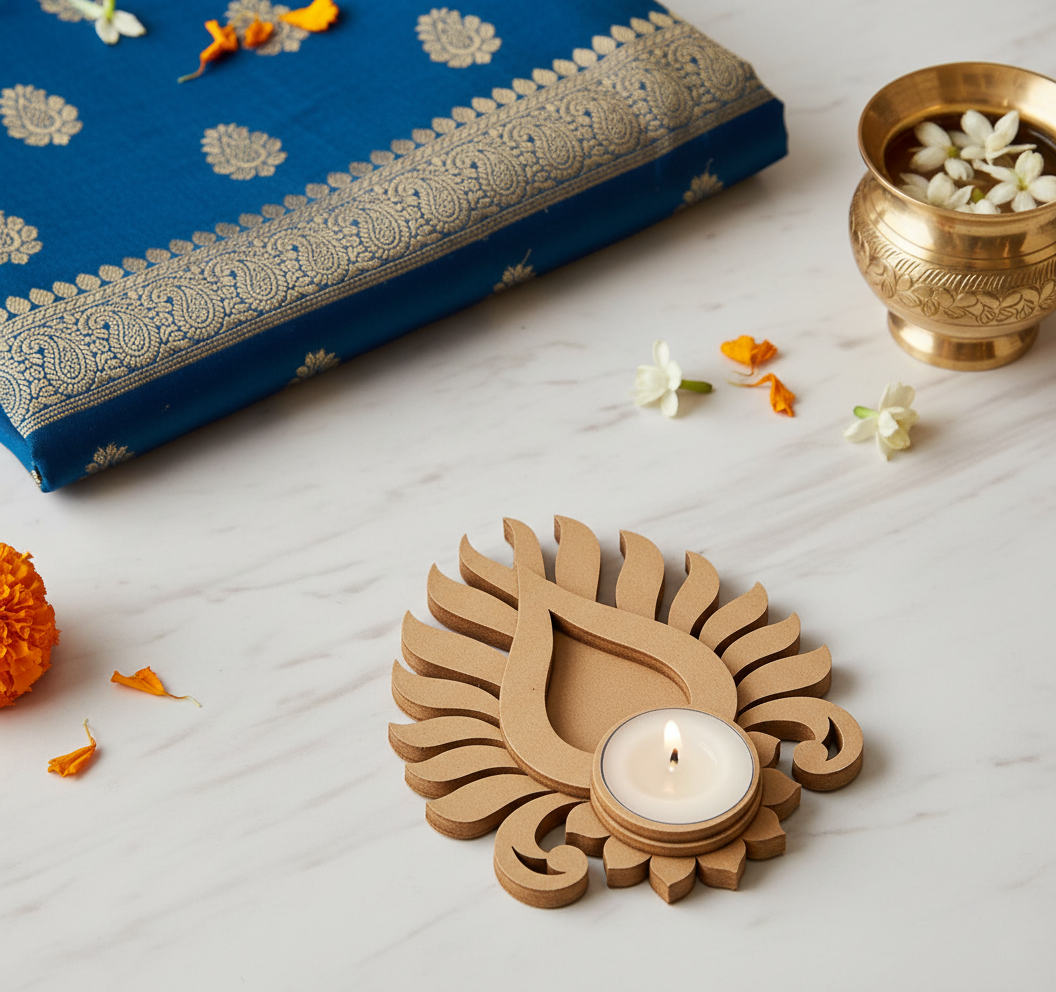 Decorative mdf tealight candle holder with a lit candle on a white surface with flowers and a blue saree.
