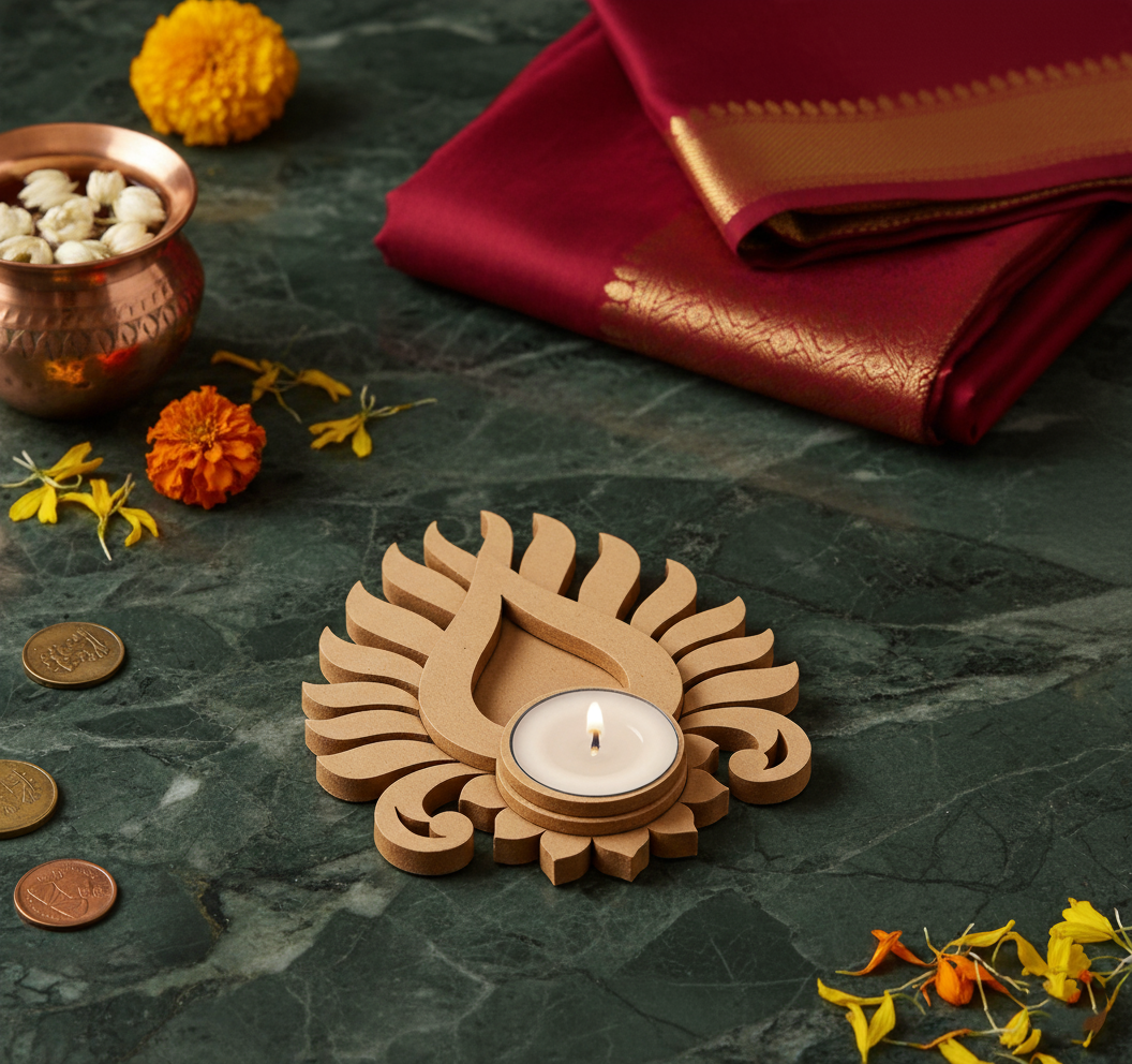 Decorative mdf candle holder with a lit candle on a dark surface with flowers and coins.