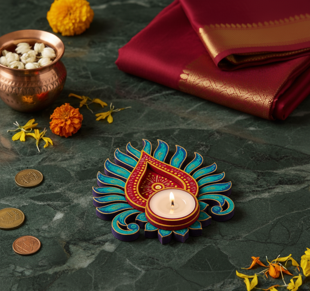 Decorative mdf candle holder with a lit candle on a dark surface with marigold flowers and coins.