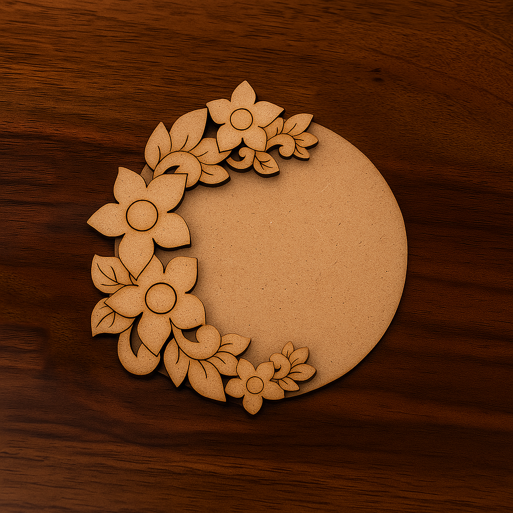 Round MDF tealight holder with floral laser-cut design on top left side, placed on polished wooden surface