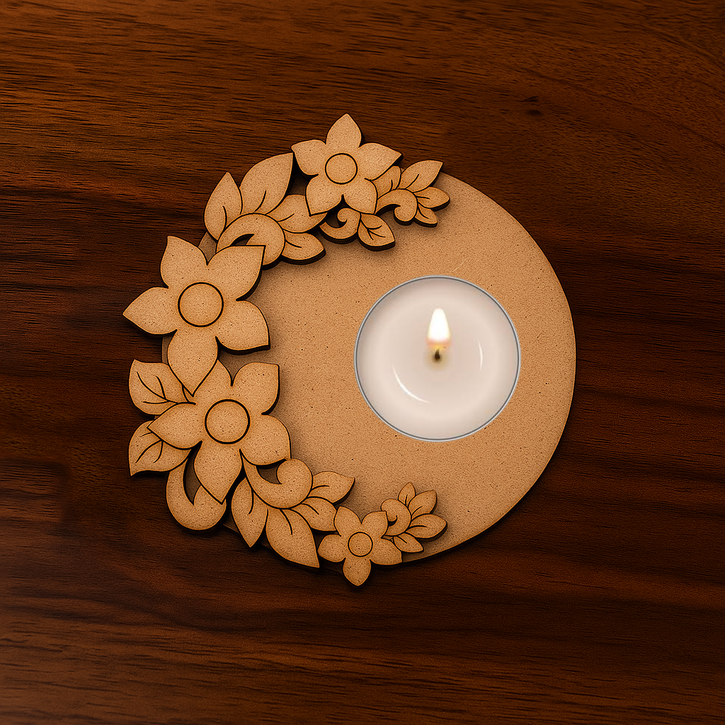 Handcrafted MDF round tealight holder with flower pattern and a lit candle in center on a dark wooden base