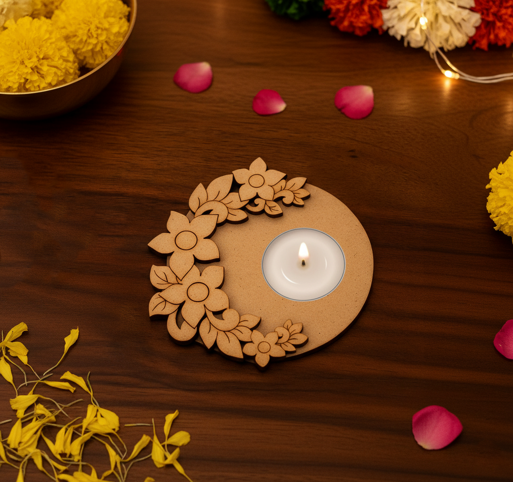 MDF Tealight candle holder with a lit candle on a wooden surface with flowers and petals.
