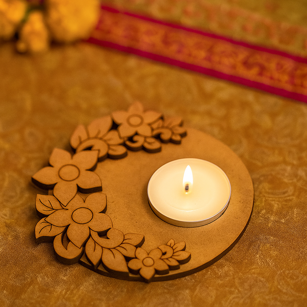 MDF tealight candle holder with a lit candle on a textured surface