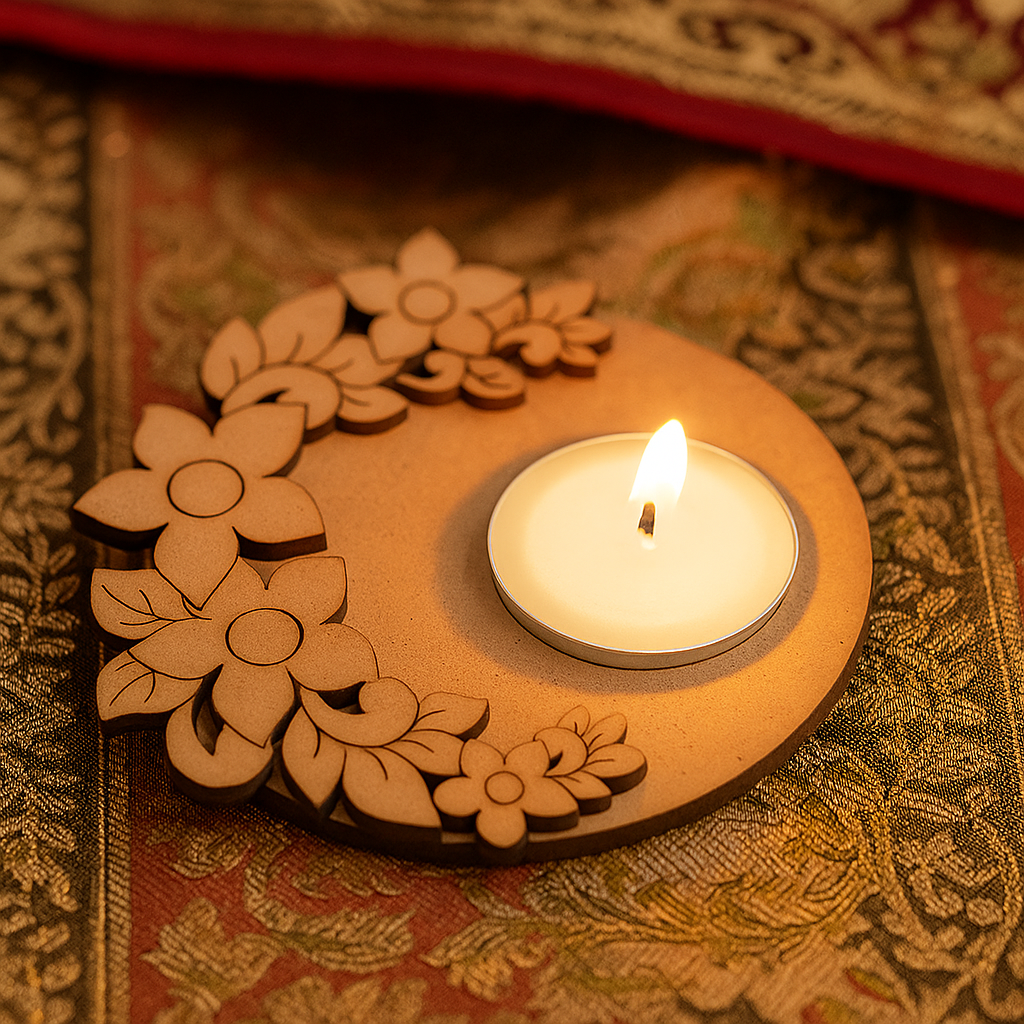 MDF tea light candle holder with floral designs on a patterned fabric background.